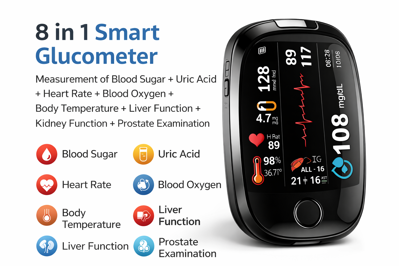 8-in-1 Smart Glucometer-Blood Sugar · Uric Acid · Heart Rate · Blood Oxygen · Body Temp · Liver · Kidney · Prostate