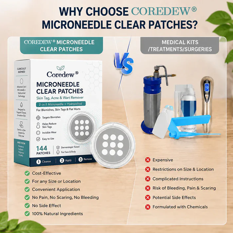 ✨Coredew®2-in-1 Microneedle & Hydrocolloid Patch🍀| Removes Raised Moles, Acne, Flat Warts & Skin Tags | Helps Improve Wrinkles, Scars & Blemishes | Invisible Patches for Face & Body