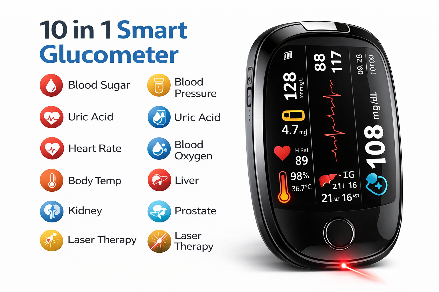 10-in-1 Smart Glucometer-Blood Sugar · Blood Pressure · Uric Acid · Heart Rate · Blood Oxygen · Body Temp · Liver · Kidney · Prostate · Laser Therapy